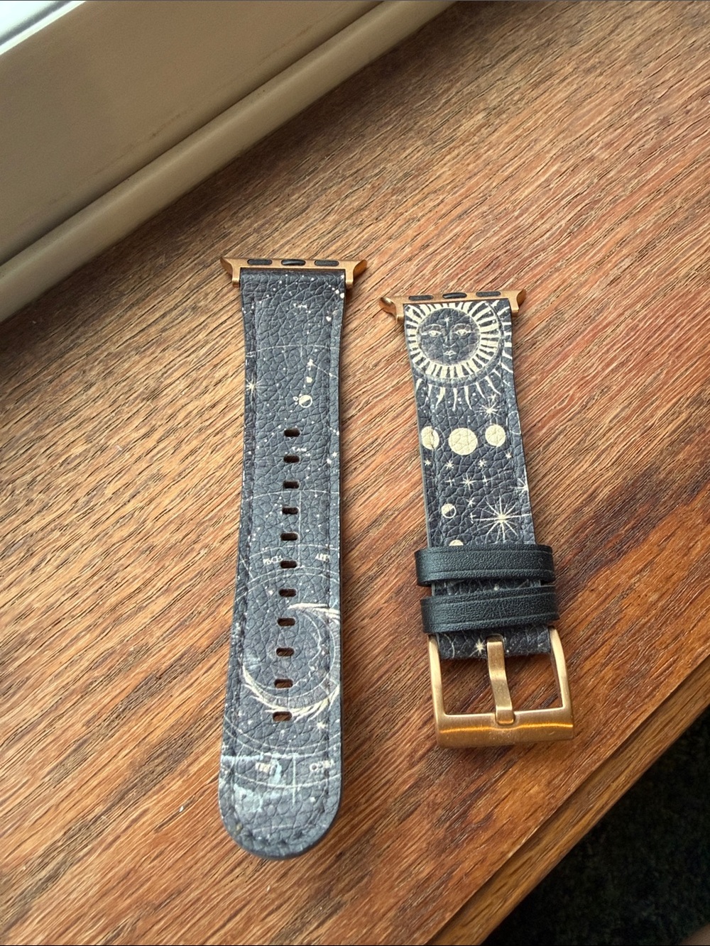 Black Celestial Leather Watch Band with Gold Hardware